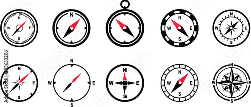 Monochrome navigational compass set with cardinal direction of North, East, West, South. Geographical position, cartography and navigation. Nautical chart isolated on transparent background.