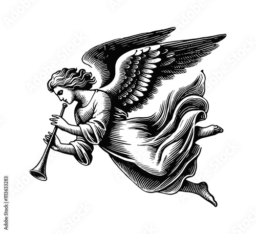 angel flying play trumpet engraving black and white outline