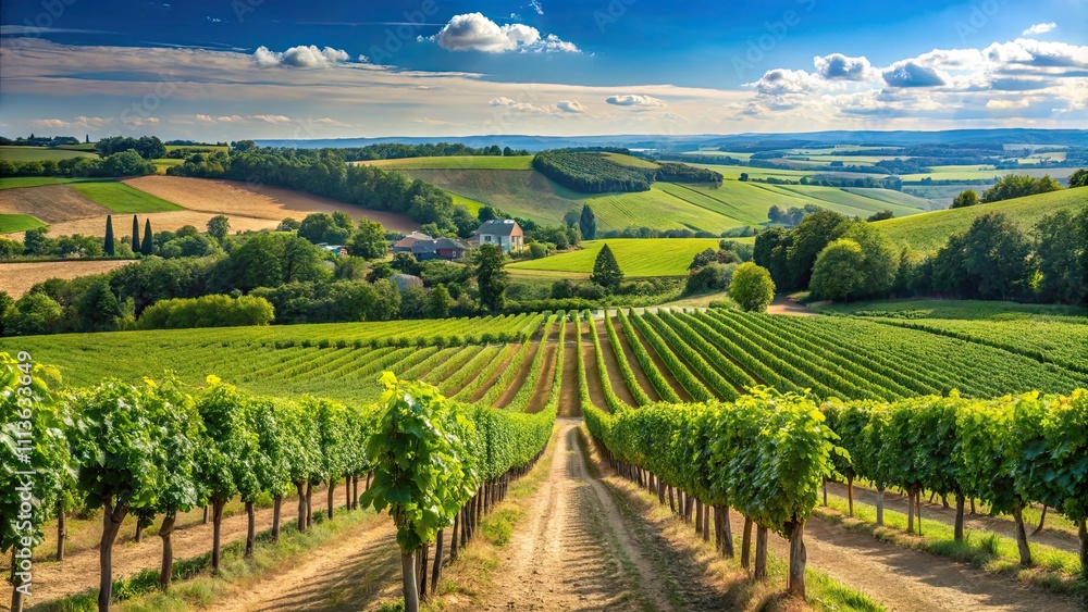 Fototapeta premium Vineyard and grape landscape in Chavanay, Loire, France during the summer , France, Chavanay, Loire, grape, vineyard