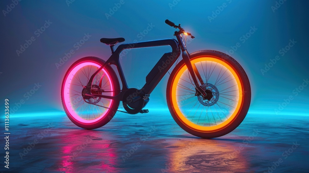 Fototapeta premium A futuristic bicycle with glowing wheels in a vibrant, illuminated setting.
