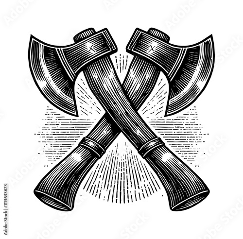 two crossed double-headed axes engraving black and white outline