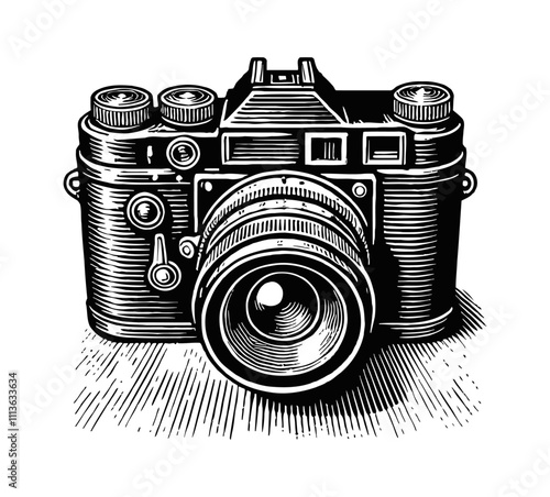 retro camera engraving black and white outline