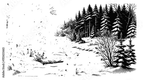 snowy forest and river with evergreen trees engraving black and white outline