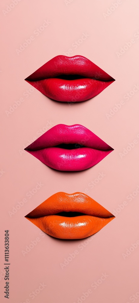 Obraz premium Three lips with different colors, one red, one orange and one pink. The lips are open, showing the color of the lipstick
