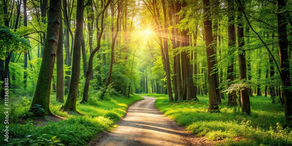 Fototapeta premium Sunlit pathway winding through vibrant green forest, nature, sunlight, pathway, walking, trail, trees, foliage, greenery