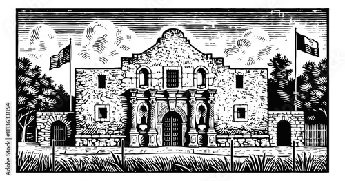 Alamo engraving black and white outline
