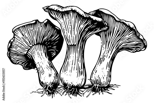 mushroom chanterelles engraving black and white outline