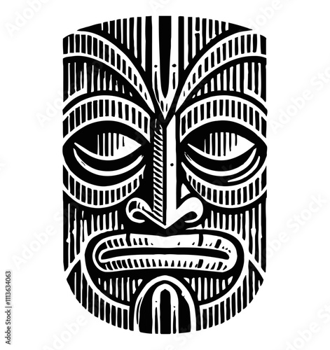 traditional Hawaiian tribal tiki engraving black and white outline