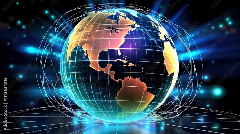 Naklejka premium Glowing Earth Globe with Light Effects and Technology Background