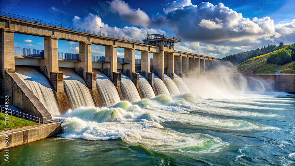 Hydroelectric power station releasing water into river, renewable energy, dam Hydroelectric power station releasing water into river, renewable energy, dam