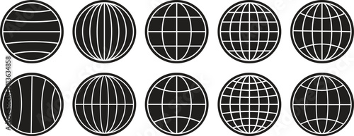 World globe icons set. Earth globe sign. World globe grids in circle form. Linear striped spheres, earth latitude and longitude line grid. World planet earth icon collection - stock vector.