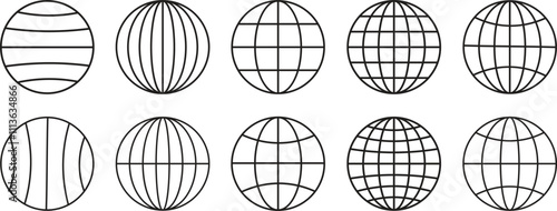 World globe icons set. Earth globe sign. World globe grids in circle form. Linear striped spheres, earth latitude and longitude line grid. World planet earth icon collection - stock vector.