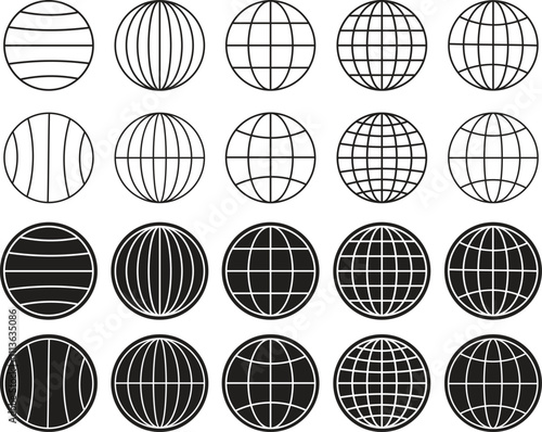 World globe icons set. Earth globe sign. World globe grids in circle form. Linear striped spheres, earth latitude and longitude line grid. World planet earth icon collection - stock vector.