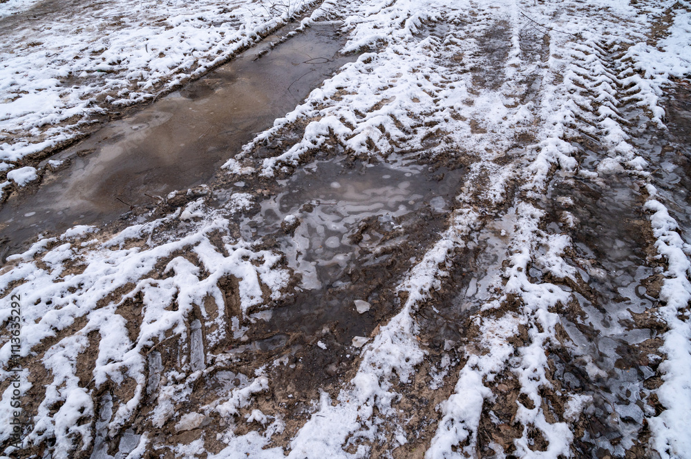 Tire tracks in the ice mud of winter in rural with snow. Off-road in frozen land. Landscape nature background. Tire tracks in the ice mud of winter in rural with snow. Off-road in frozen land. Landscape nature background.