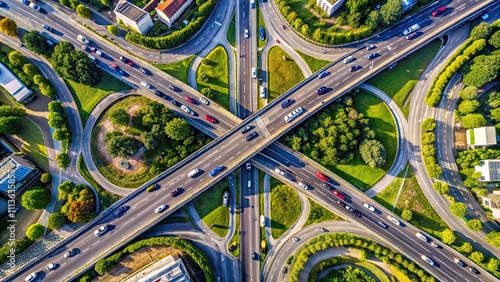 360-degree aerial view above bustling crossway traffic, outdoors, aerial, view, traffic, city, intersection, intersectional