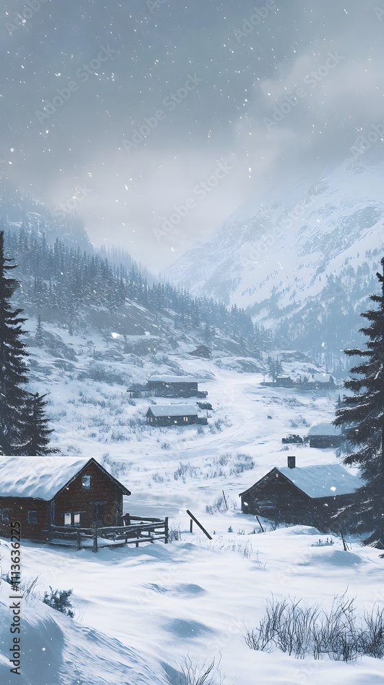 Snowy mountain landscape with rustic cabins and pine trees. Snowy mountain landscape with rustic cabins and pine trees.