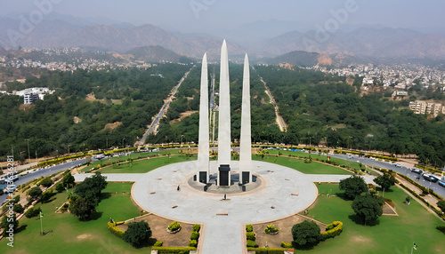 view from the top of a church Pakistan Monument Islamabad. The Pakistan Monument is a landmark in Islamabad, which represents four provinces of Pakistan photo