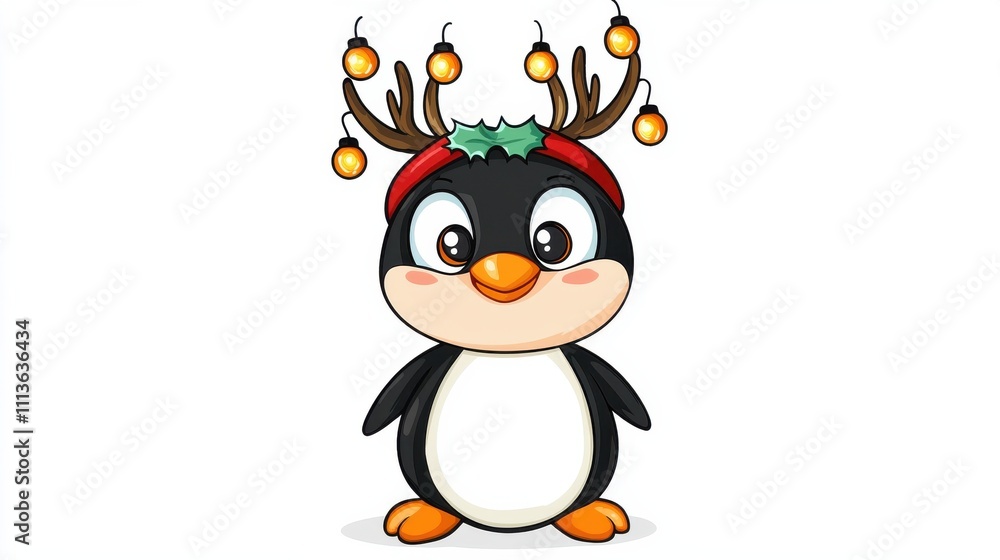 Fototapeta premium Festive Penguin Wearing Antler Headband with Christmas Ornaments