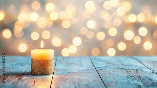 Christmas festive mockup display concept. A lit candle on a wooden surface, surrounded by soft, glowing bokeh lights.
