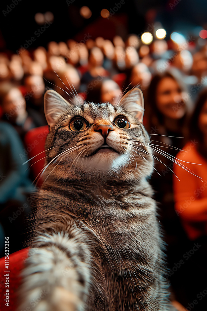 A cat taking a selfie while sitting in a cinema A cat taking a selfie while sitting in a cinema