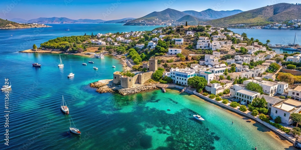 Obraz premium Aerial view of the coastal town Bodrum, Turkey with turquoise waters and white-washed buildings , Bodrum