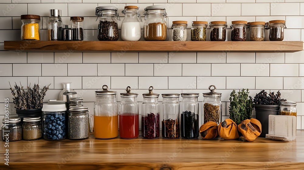 A kitchen counter featuring an array of fresh, wholesome foods alongside functional supplements like herbal teas and fortified snacks A kitchen counter featuring an array of fresh, wholesome foods alongside functional supplements like herbal teas and fortified snacks