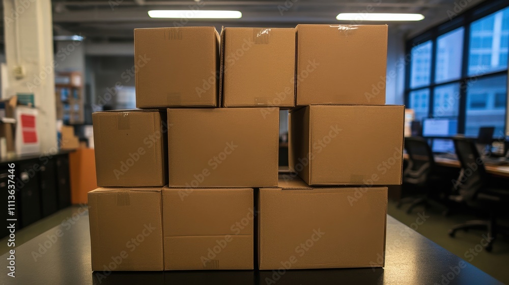 Stacked cardboard boxes organized for an office moving day in a spacious work area with modern furnishings and windows Stacked cardboard boxes organized for an office moving day in a spacious work area with modern furnishings and windows
