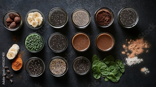 A healthy smoothie made with spinach, banana, and functional ingredients like plant-based protein powder and chia seeds 
