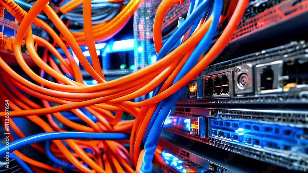 A close-up of tangled orange and blue cables in a data center, showcasing network connections. A close-up of tangled orange and blue cables in a data center, showcasing network connections.