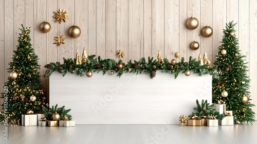 Christmas festive mockup display concept. Festive holiday scene with decorative Christmas trees, golden ornaments, and elegant gift boxes on a wooden backdrop.