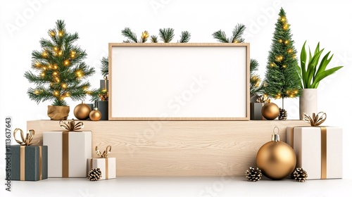 Christmas festive mockup display concept. Festive display featuring Christmas trees, gifts, and a blank frame for text or images.