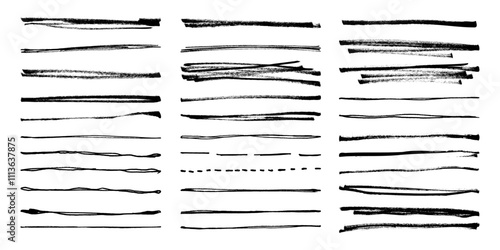 Collection of Black Hand Drawn Grunge Ink and Pencil Brush Strokes. Underlines isolated. Scribble ink dividers. Free hand horizontal crayon dry lines