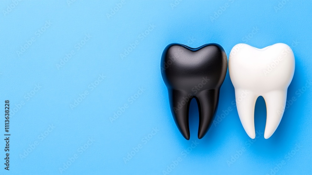 Two teeth are shown on a blue background. The teeth are black and white. The teeth are not real, but they look like they are Two teeth are shown on a blue background. The teeth are black and white. The teeth are not real, but they look like they are