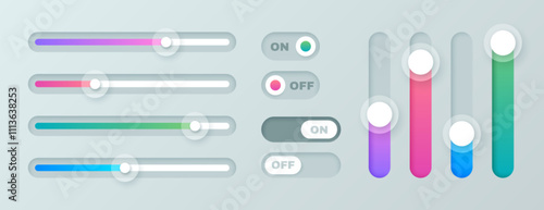 Vector set of scroll bar icons. Colored sliders, computer scrollbars. Web design elements for website, app user interface or internet page. Brightness controller, turn on and off toggle switch buttons