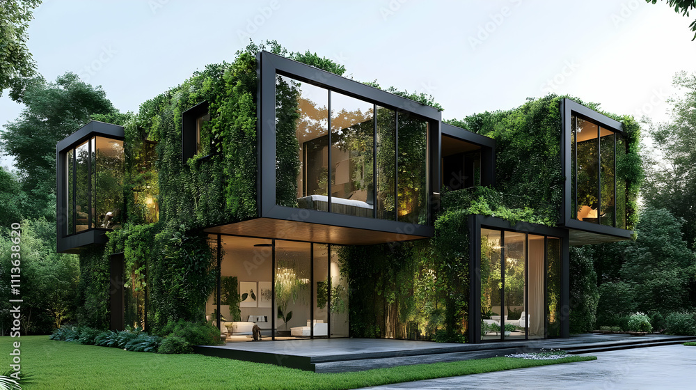 Modern eco-friendly house covered in greenery with large glass windows. Modern eco-friendly house covered in greenery with large glass windows.