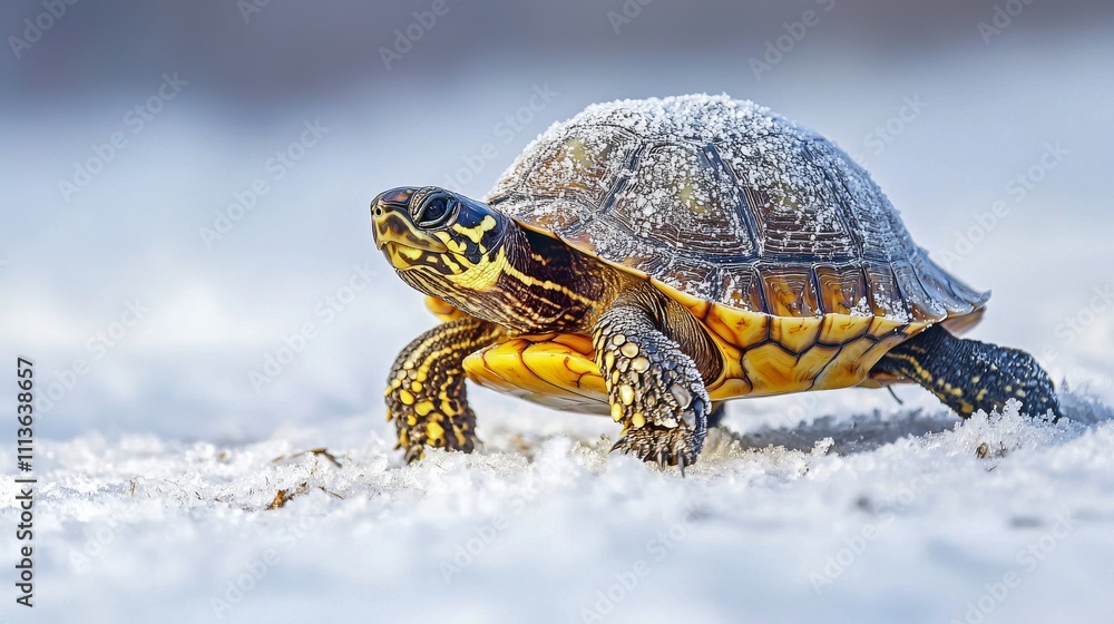 Fototapeta premium A close-up of a turtle crawling on a sandy surface, showcasing its colorful shell and textured skin against a blurred background.