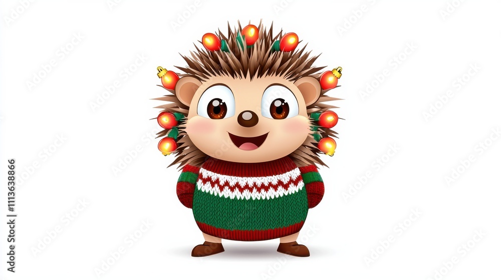 Cute Cartoon Hedgehog with Christmas Sweater and Ornament Cute Cartoon Hedgehog with Christmas Sweater and Ornament