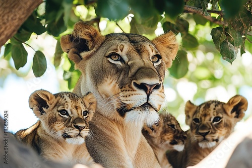 Lioness with cubs under tree looking alert and protective