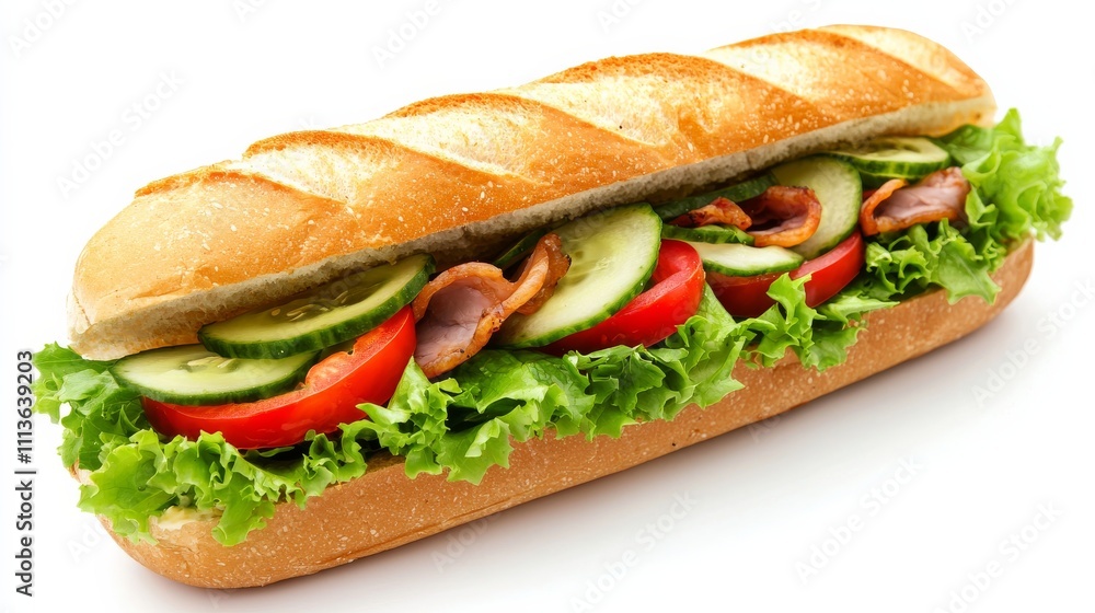 A fresh sub sandwich filled with crisp lettuce, tomatoes, cucumbers, and savory meats, all nestled in a toasted baguette. A fresh sub sandwich filled with crisp lettuce, tomatoes, cucumbers, and savory meats, all nestled in a toasted baguette.
