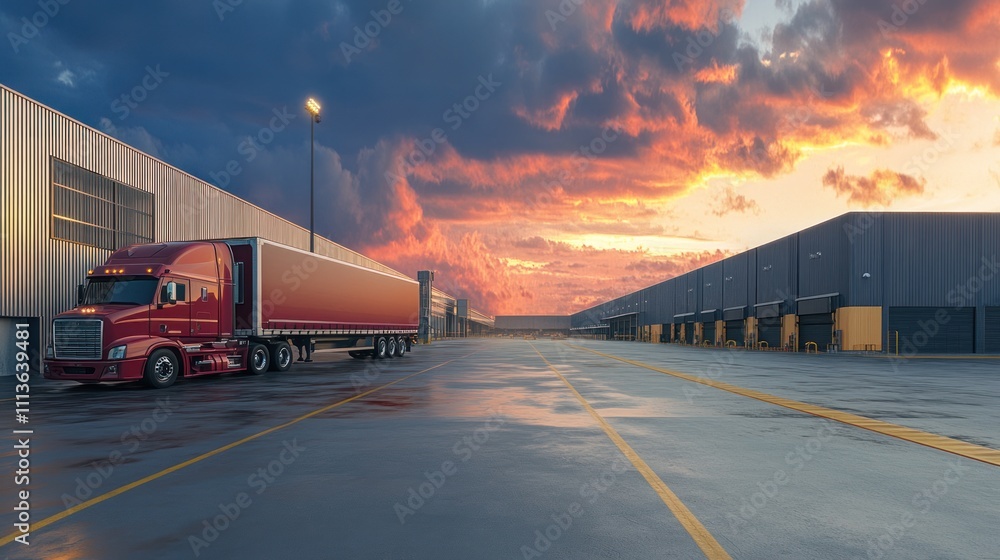 Sunset Logistics: Red Semi-Truck at a Modern Warehouse Distribution Center Sunset Logistics: Red Semi-Truck at a Modern Warehouse Distribution Center