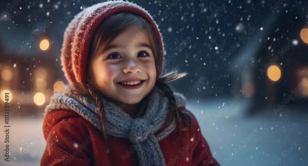 happy little girl in winter night at Christmas eve happy little girl in winter night at Christmas eve