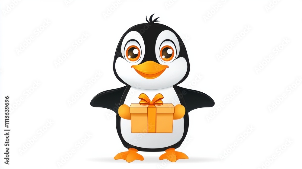 Obraz premium Cute Cartoon Penguin Holding a Wrapped Gift Box for Holidays or