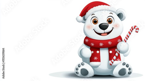 Cute Polar Bear Wearing Santa Hat and Scarf for Christmas Holiday