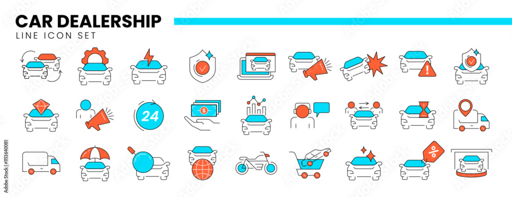Fototapeta premium Auto dealership thin line icon set of car dealer, automotive industry, rental service or vehicle trade center. Linear symbols of repair, maintenance, transportation insurance, exchange or buy new cars