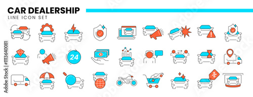 Auto dealership thin line icon set of car dealer, automotive industry, rental service or vehicle trade center. Linear symbols of repair, maintenance, transportation insurance, exchange or buy new cars