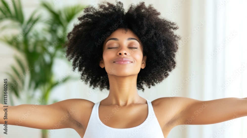 A woman is dancing joyfully with her arms extended in a bright living room filled with sunlight, expressing happiness and freedom A woman is dancing joyfully with her arms extended in a bright living room filled with sunlight, expressing happiness and freedom