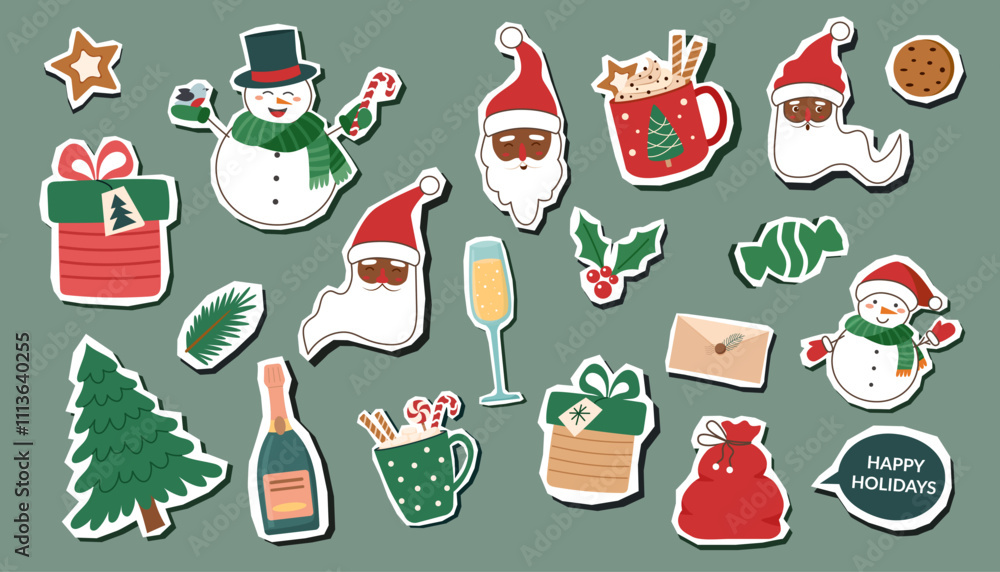 Set of Christmas objects. Christmas elements stickers collection. Vector clipart. Set of Christmas objects. Christmas elements stickers collection. Vector clipart.