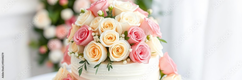 Big beautiful wedding cake decorated with fresh roses and greenery, party, tiered Big beautiful wedding cake decorated with fresh roses and greenery, party, tiered