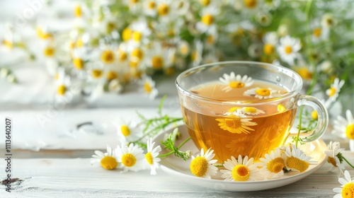 Cup of tea with fresh medicinal flowers, natural organic remedy, made with copy space.