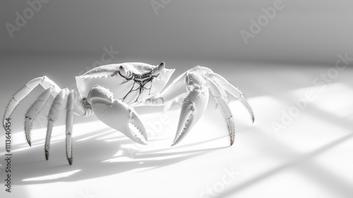 A white crab poised on a surface, illuminated by soft light, creating a serene and minimalist aesthetic. photo